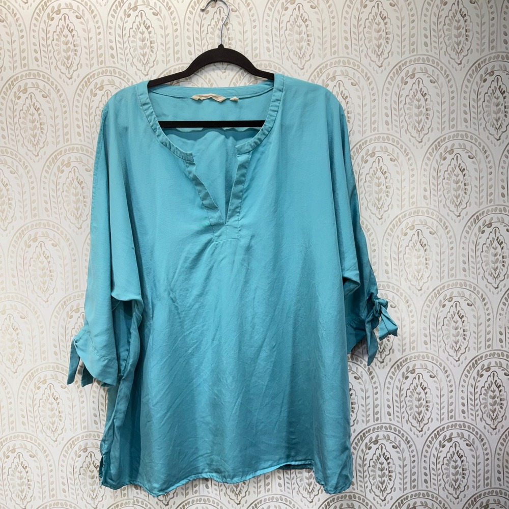 Soft Surroundings Tunic Women 1X Blue Cold Shoulder Tie Sleeve Tencel Blouse